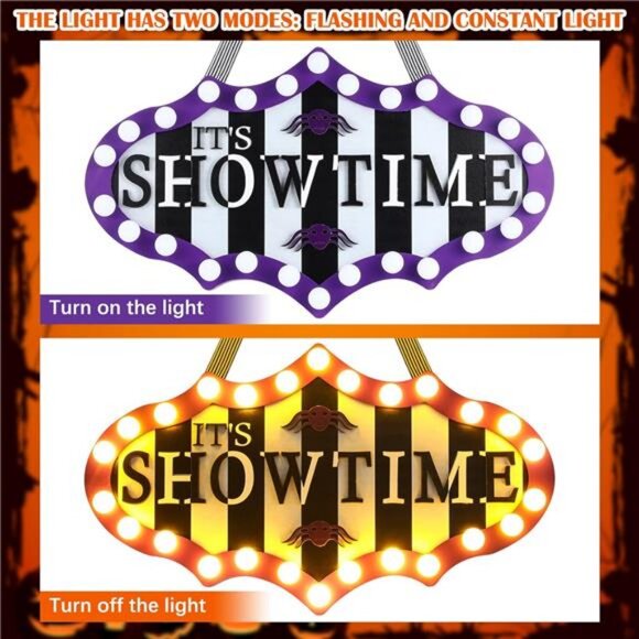 Halloween Door Sign Light Sign Decoration It's Showtime with LED Lights Wooden - Picture 3 of 7